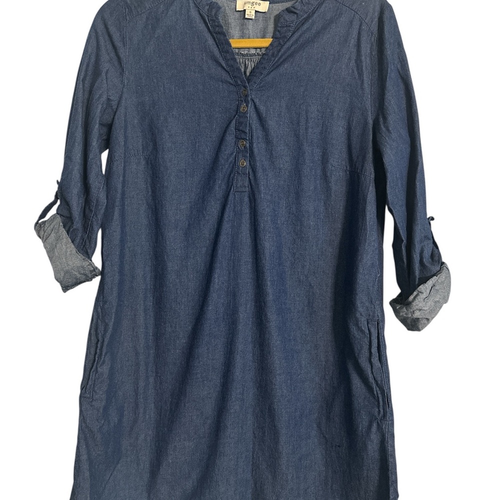 Umgee Indigo Chambray Button-Up Roll-Tab Sleeve Shirt Dress Pockets S